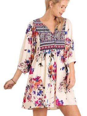 Umgee Boho Floral Empire Waist High-Low Peasant Mini Dress NWT 2X Plus Size